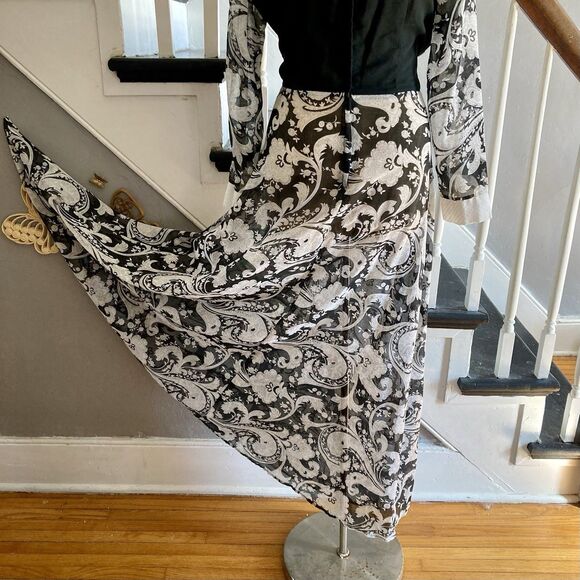 VOLUP 1970s Black And White Psychedelic Paisley Maxi Dress Hostess Pinup - Picture 12 of 15